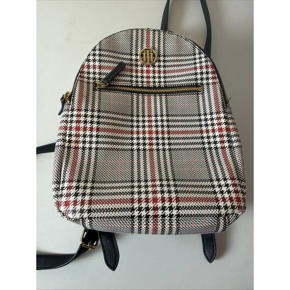 Tommy Hilfiger Women's Black And Red Plaid  Backpack Monogram Printed Logo